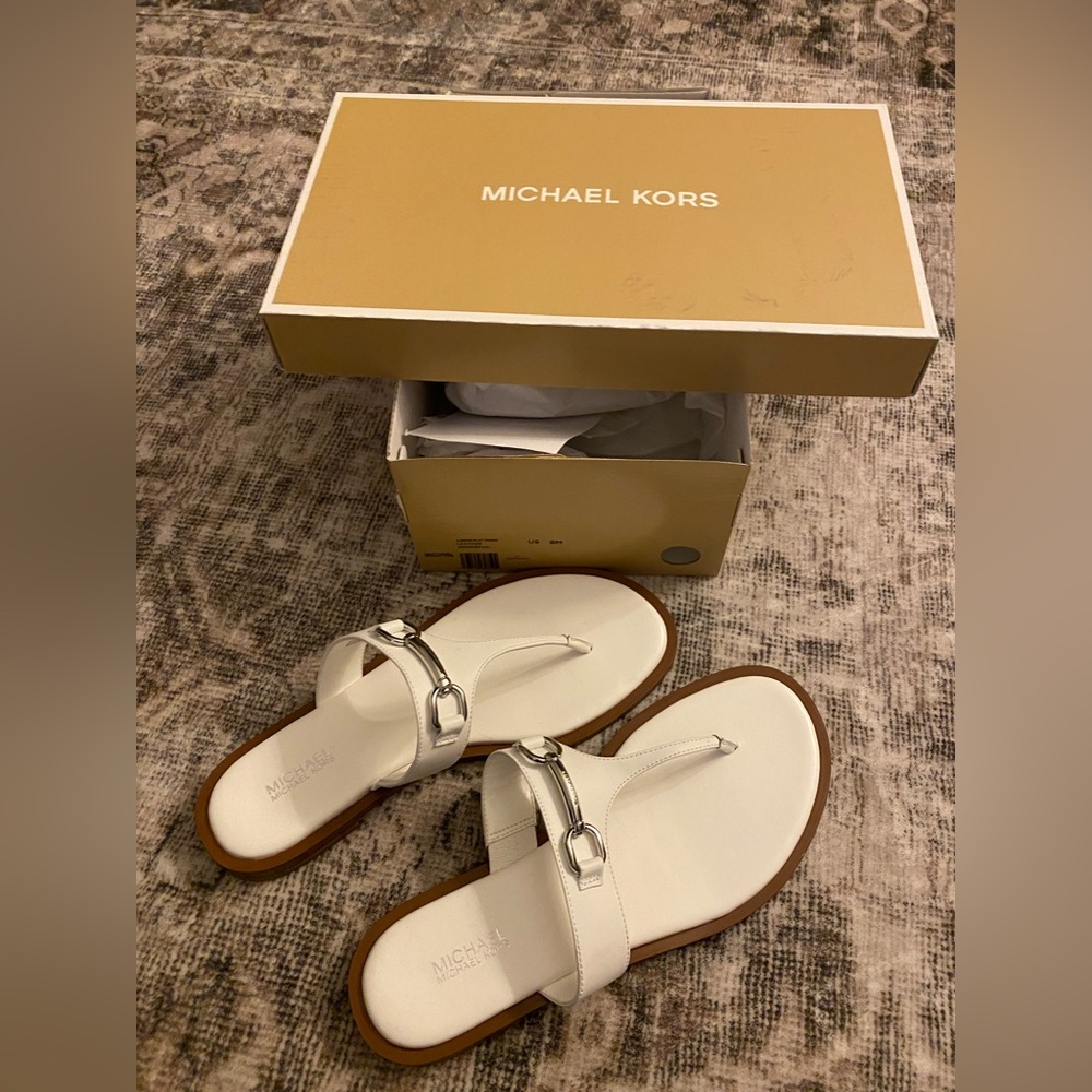 Michael Kors Carson Flat White Leather Sandals 8M
